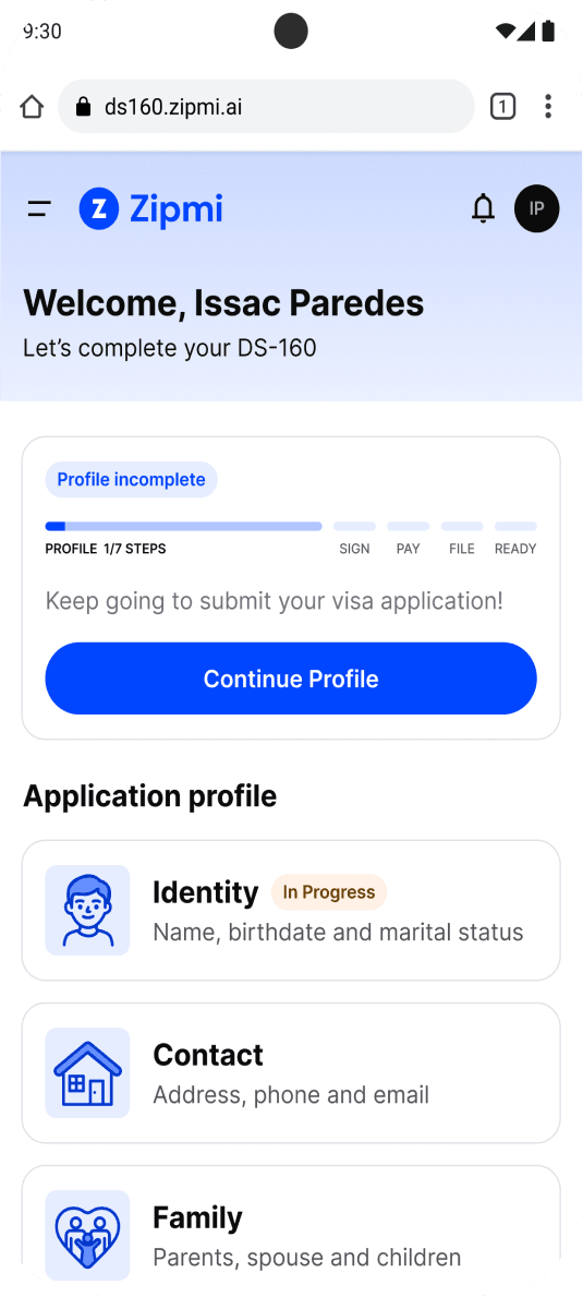 Zipmi Visa application on a phone